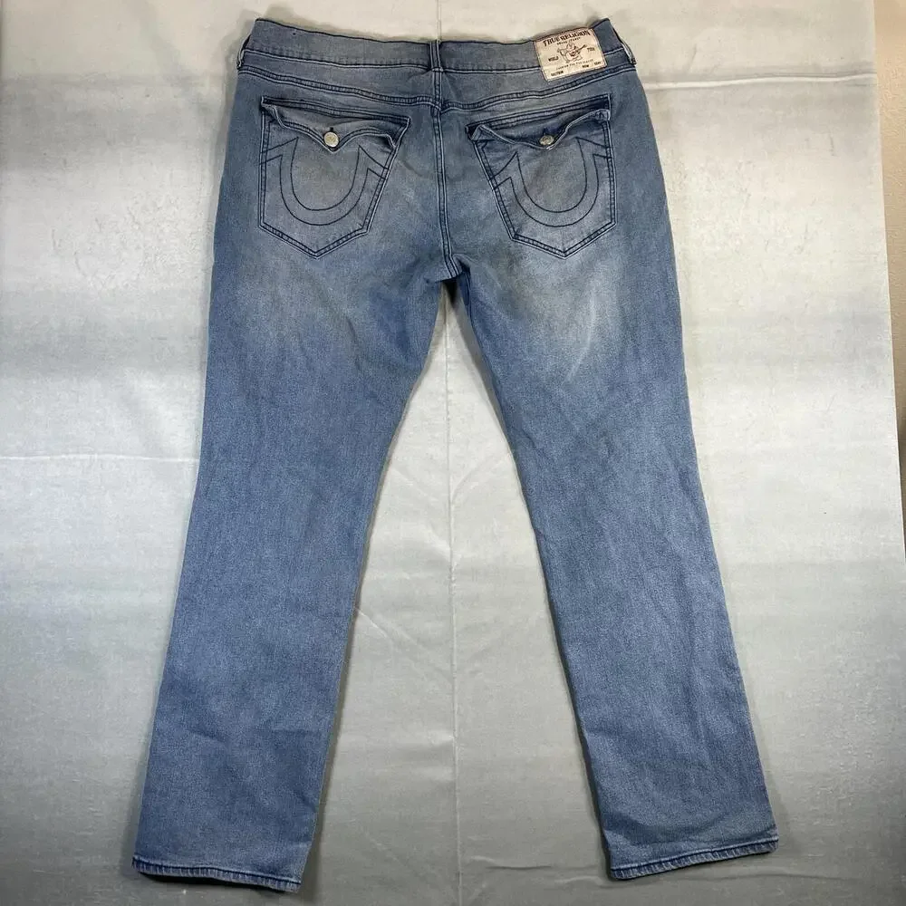 True Religion Ricky Relaxed Straight Jeans Mens 40 Blue Med Wash Flap Pocket